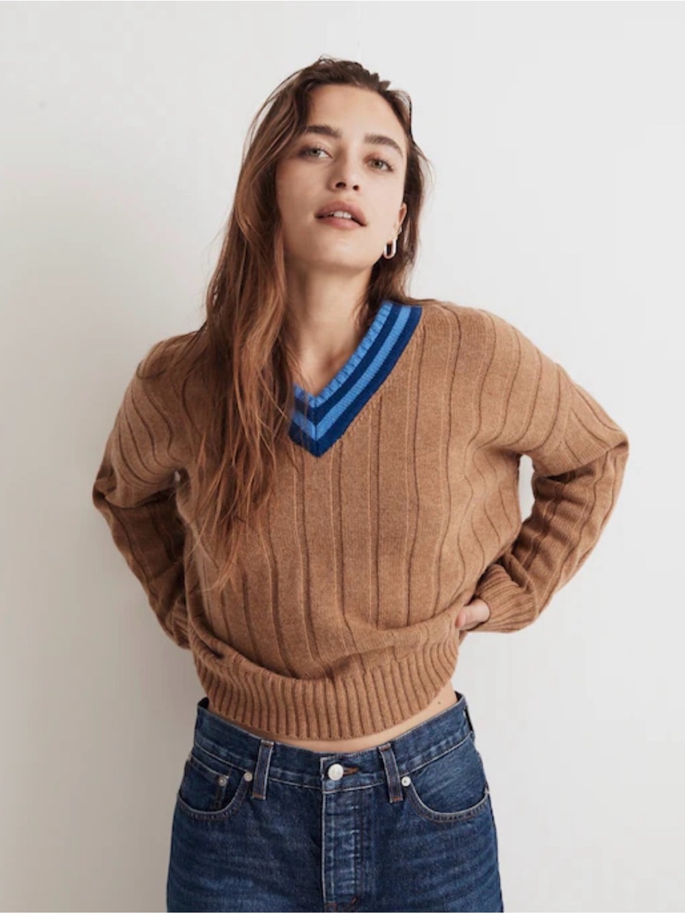 Madewell Oversized Brown V-Neck Sweater with Blue Trim